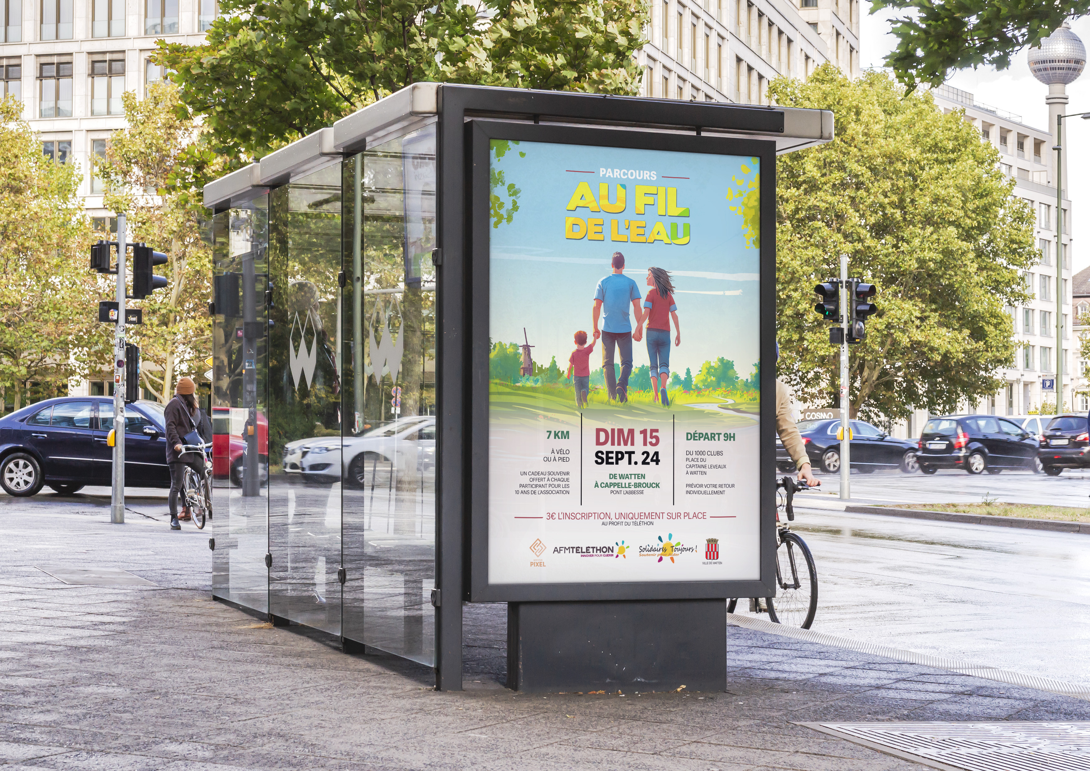 affiche publicitaire pour une marche solidaire pour le téléthon pour une association caritavie a Watten le long de la Houlle - Graphiste freelance