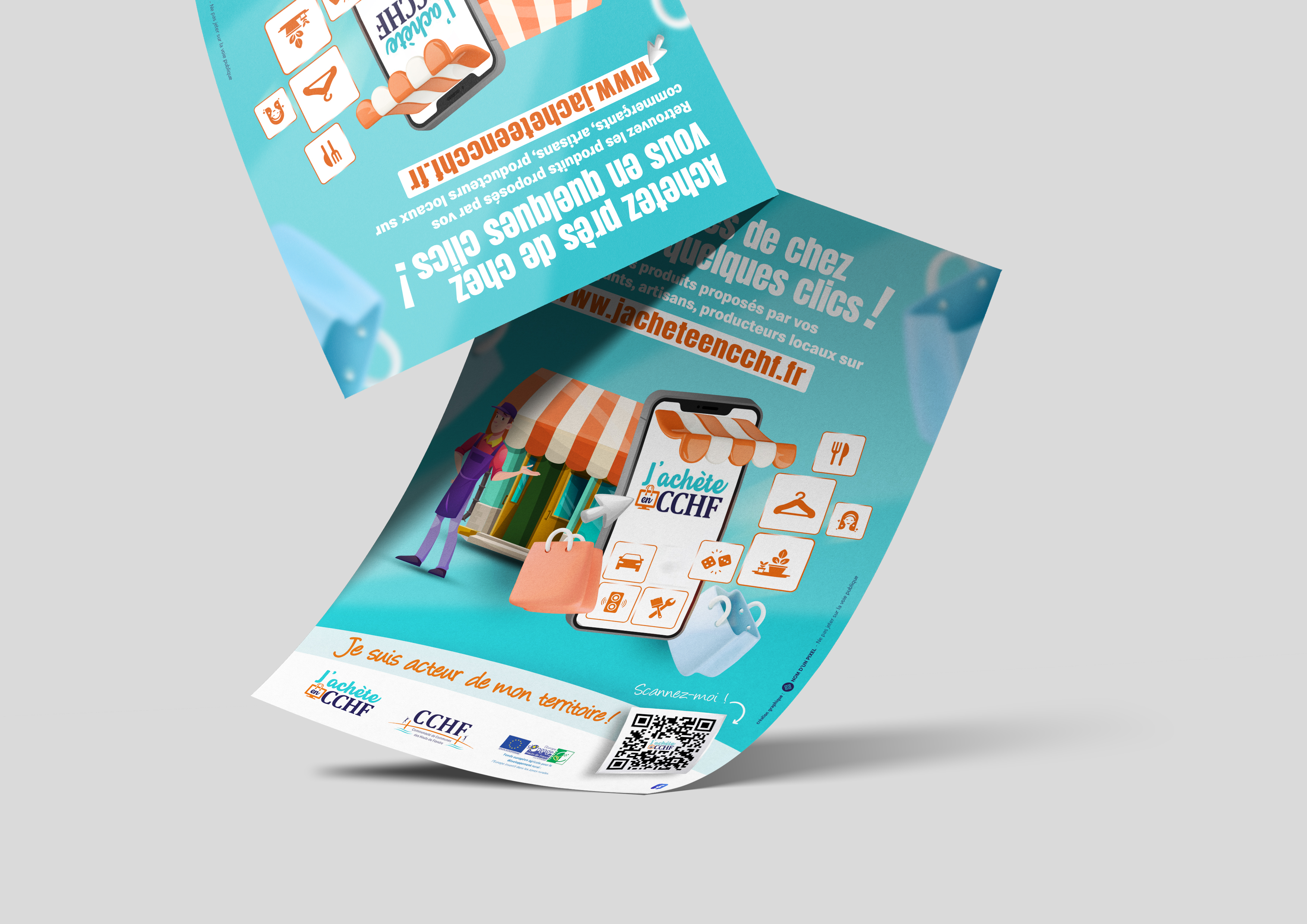 affiche publicitaire et flyers pour la communauté de commune des hauts de flandre - CCHF - plateforme en ligne de vente pour les commerçants et les artisans - Graphiste freelance